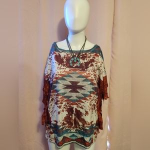 NW-UPC Vintage Tassel Abstract Blouse Cow Print